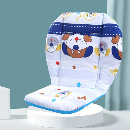 A soft, padded cotton stroller cushion in various colorful, gender-neutral patterns to keep a baby comfortable and supported.