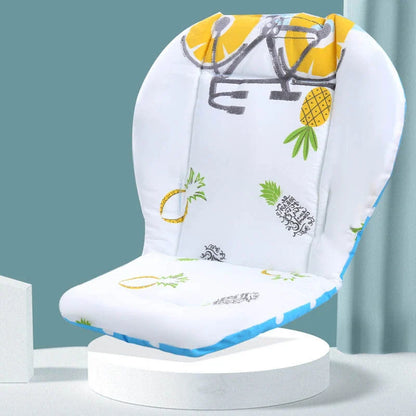 A soft, padded cotton stroller cushion in various colorful, gender-neutral patterns to keep a baby comfortable and supported.
