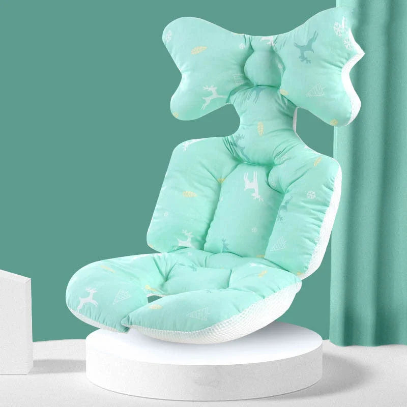 A soft, padded cotton stroller cushion in various colorful, gender-neutral patterns to keep a baby comfortable and supported.