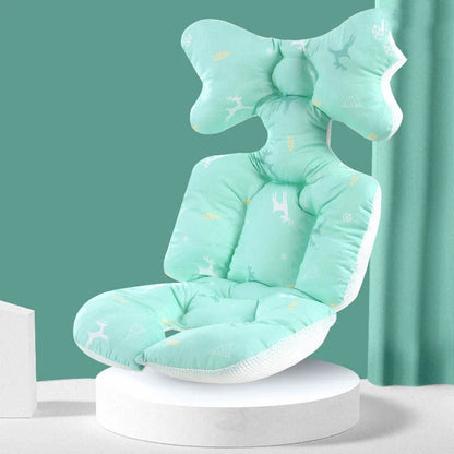 A soft, padded cotton stroller cushion in various colorful, gender-neutral patterns to keep a baby comfortable and supported.