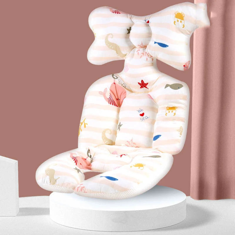 A soft, padded cotton stroller cushion in various colorful, gender-neutral patterns to keep a baby comfortable and supported.