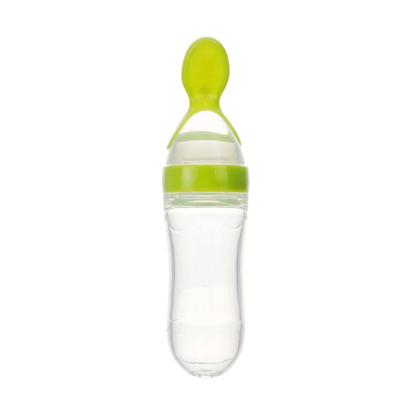 Premium silicone baby feeding set with spoon and bottle in various vibrant colours