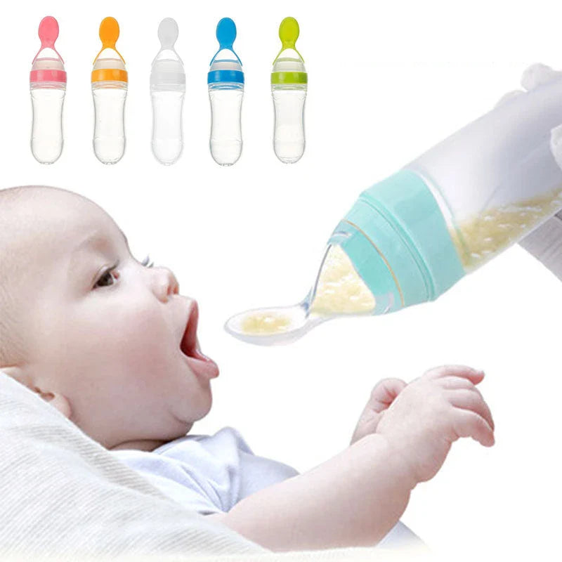 Premium silicone baby feeding set with spoon and bottle in various vibrant colours