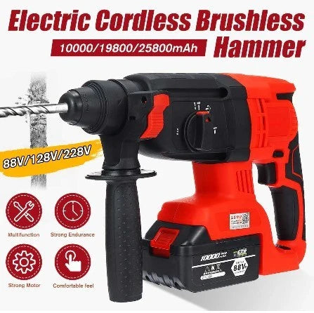 High-Powered Cordless 3-in-1 Hammer Drill with Lithium Battery, featuring a brushless motor, extended runtime, and versatile 3-in-1 functionality for a range of DIY projects.