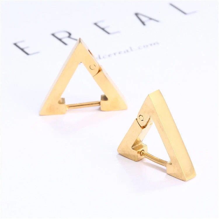 Stainless steel triangular hoop earrings in white, black, and gold options