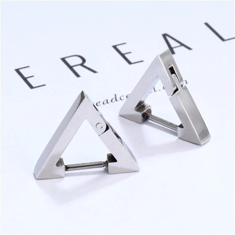 Stainless steel triangular hoop earrings in white, black, and gold options