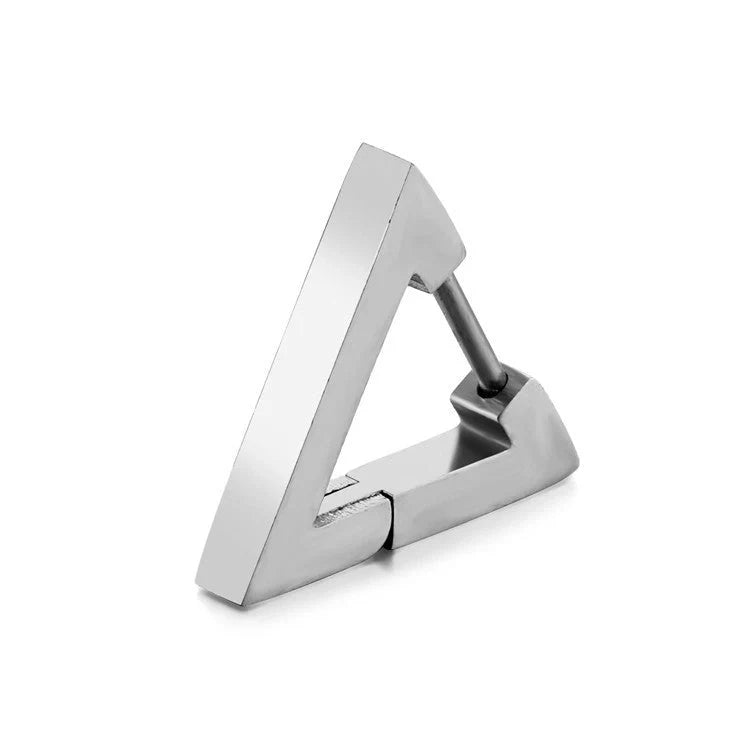 Stainless steel triangular hoop earrings in white, black, and gold options