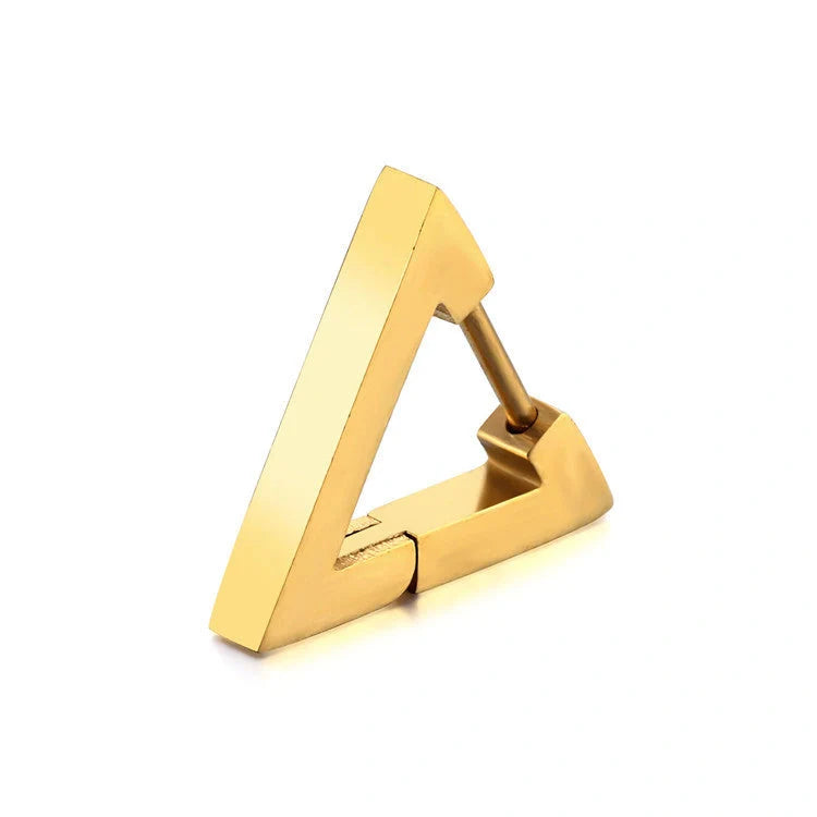 Stainless steel triangular hoop earrings in white, black, and gold options