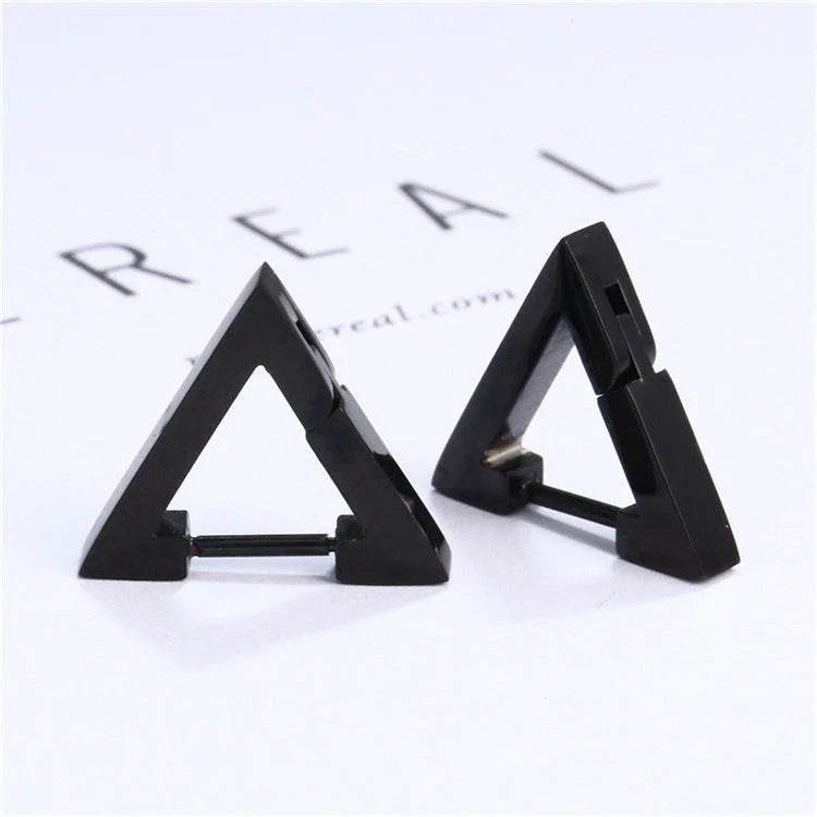 Stainless steel triangular hoop earrings in white, black, and gold options