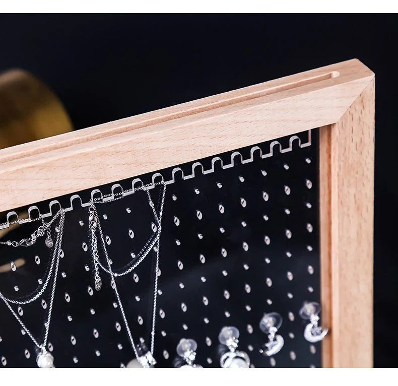 Stylish wooden jewelry organizer with earring, necklace, and accessory display for home decor