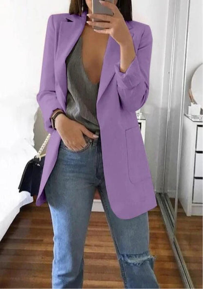 A tailored slim-fit cardigan blazer in various colours, featuring a classic suit collar and long sleeves for a refined, professional look.