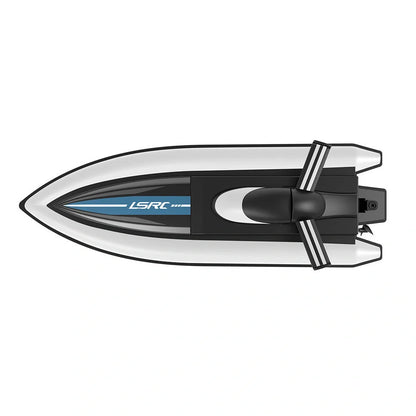 High-speed RC racing boat in black and red with dual motor and waterproof design