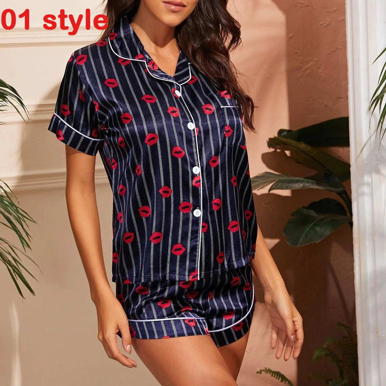 Women's summer satin pajama set with V-neck and adjustable straps