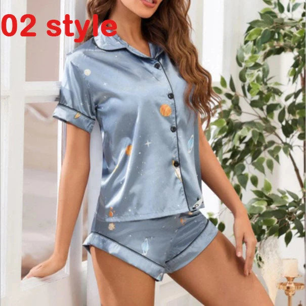 Women's summer satin pajama set with V-neck and adjustable straps