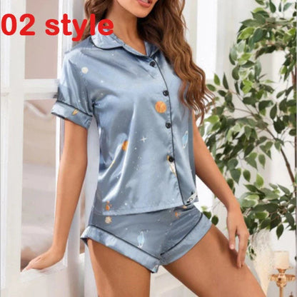 Women's summer satin pajama set with V-neck and adjustable straps