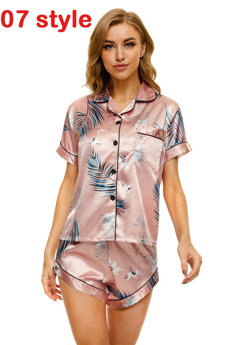 Women's summer satin pajama set with V-neck and adjustable straps
