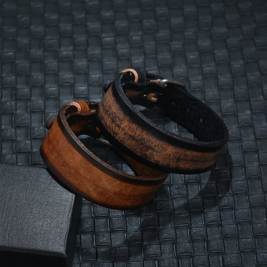 Adjustable punk style genuine leather bracelet with wrap buckle