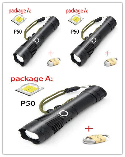 A durable, waterproof USB rechargeable flashlight with adjustable zoom and powerful LED light.
