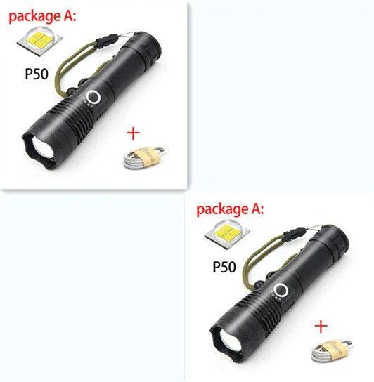 A durable, waterproof USB rechargeable flashlight with adjustable zoom and powerful LED light.