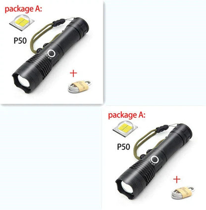 A durable, waterproof USB rechargeable flashlight with adjustable zoom and powerful LED light.