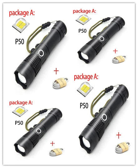 A durable, waterproof USB rechargeable flashlight with adjustable zoom and powerful LED light.