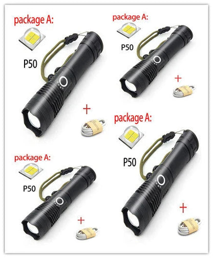 A durable, waterproof USB rechargeable flashlight with adjustable zoom and powerful LED light.