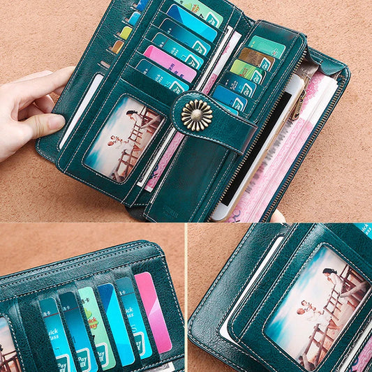 Premium leather wallet for women with zipper closure, card slots, and stylish design