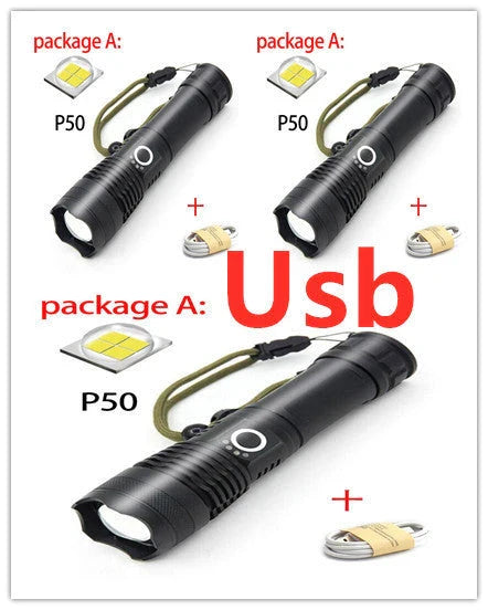 A durable, waterproof USB rechargeable flashlight with adjustable zoom and powerful LED light.
