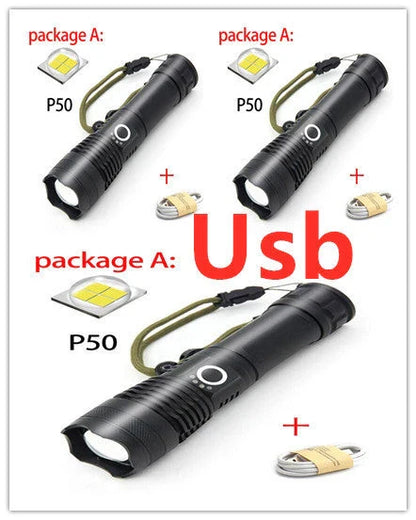 A durable, waterproof USB rechargeable flashlight with adjustable zoom and powerful LED light.