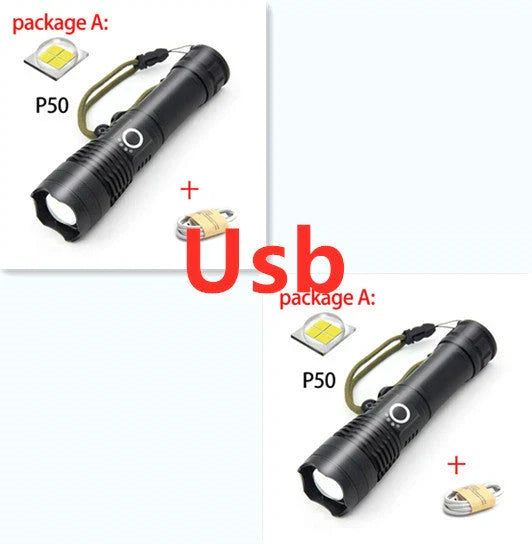 A durable, waterproof USB rechargeable flashlight with adjustable zoom and powerful LED light.
