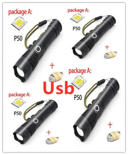 A durable, waterproof USB rechargeable flashlight with adjustable zoom and powerful LED light.