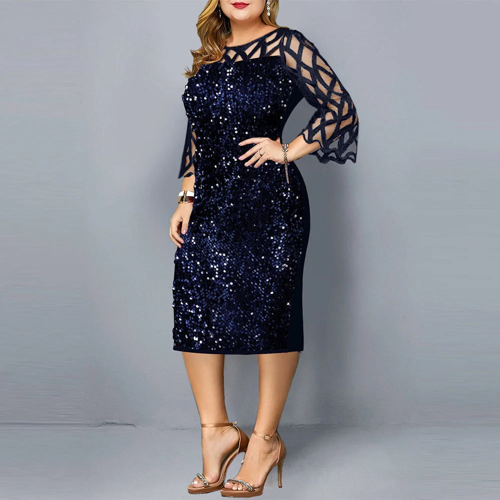 Elegant sequin-embellished plus-size party dress in a range of sophisticated colours, including black, wine red, and navy
