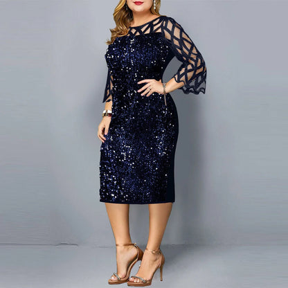 Elegant sequin-embellished plus-size party dress in a range of sophisticated colours, including black, wine red, and navy