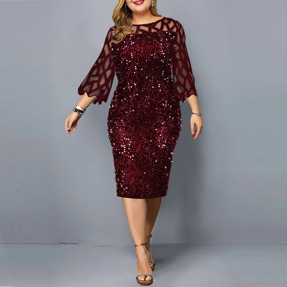 Elegant sequin-embellished plus-size party dress in a range of sophisticated colours, including black, wine red, and navy