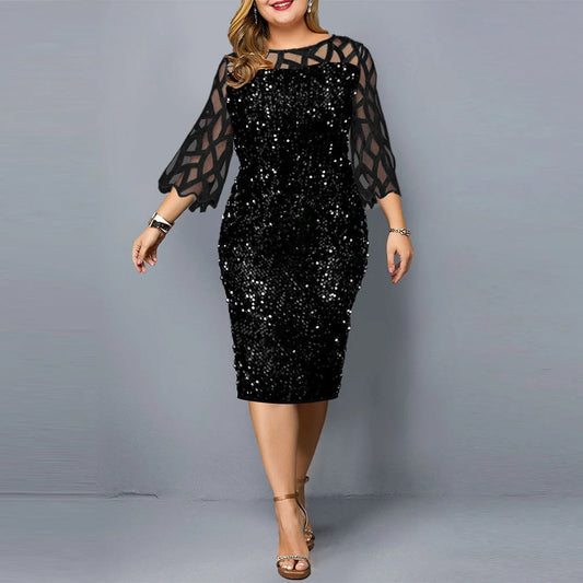 Elegant sequin-embellished plus-size party dress in a range of sophisticated colours, including black, wine red, and navy