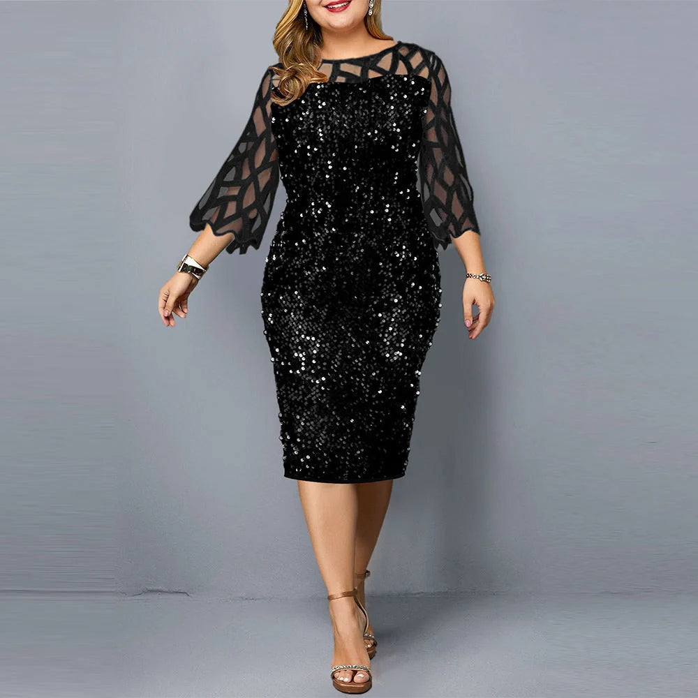 Elegant sequin-embellished plus-size party dress in a range of sophisticated colours, including black, wine red, and navy
