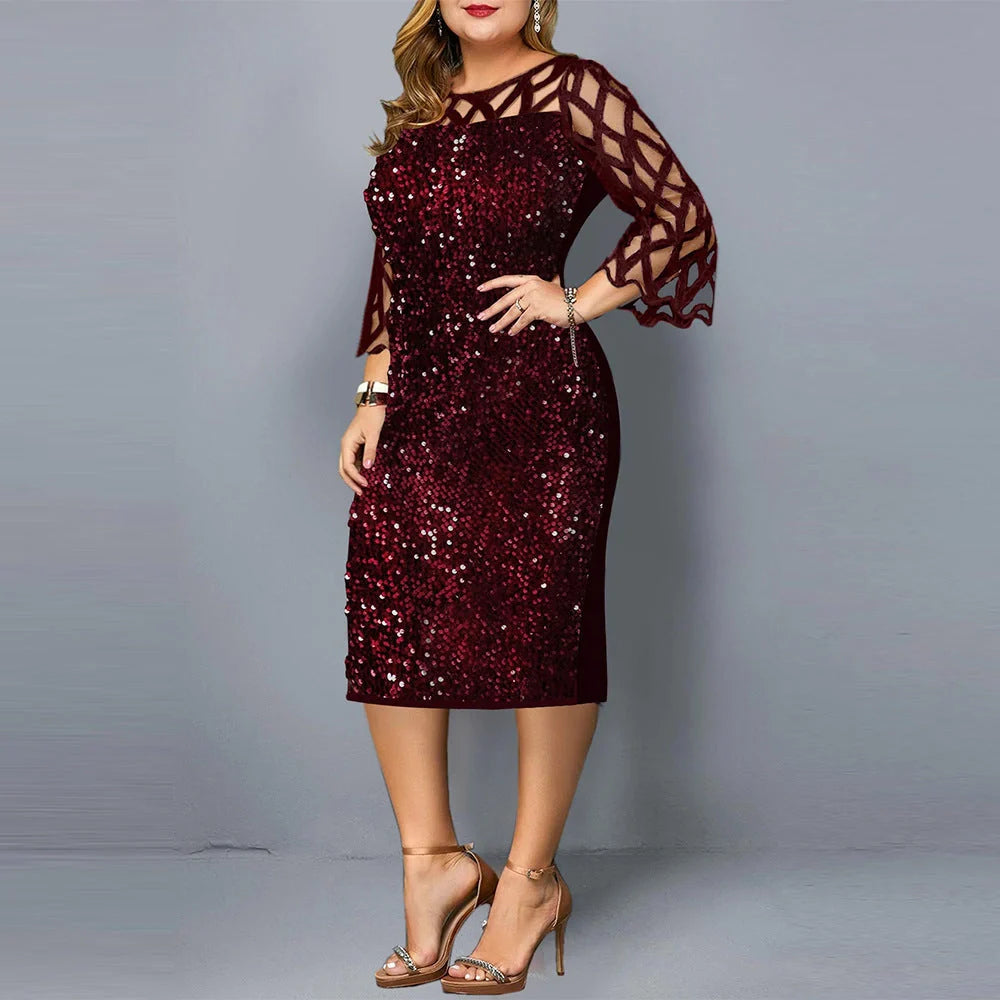 Elegant sequin-embellished plus-size party dress in a range of sophisticated colours, including black, wine red, and navy