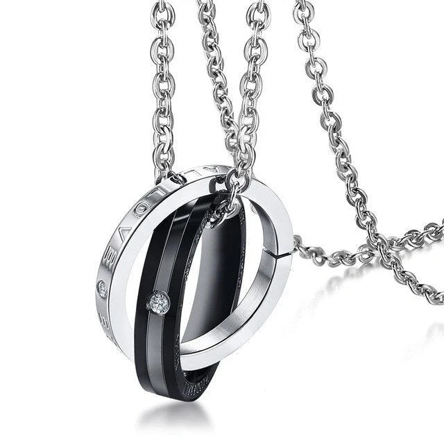 Stainless steel couple necklace with black men's and rose gold women's versions