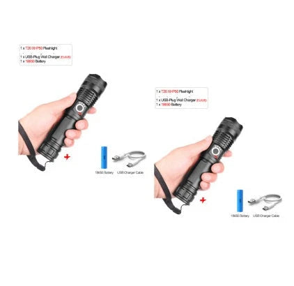 A durable, waterproof USB rechargeable flashlight with adjustable zoom and powerful LED light.