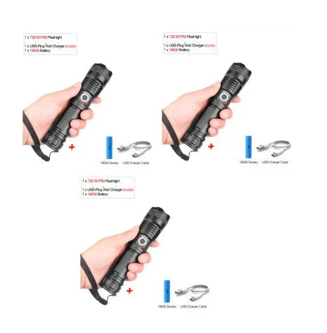A durable, waterproof USB rechargeable flashlight with adjustable zoom and powerful LED light.