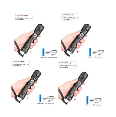 A durable, waterproof USB rechargeable flashlight with adjustable zoom and powerful LED light.