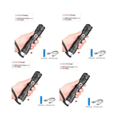 A durable, waterproof USB rechargeable flashlight with adjustable zoom and powerful LED light.