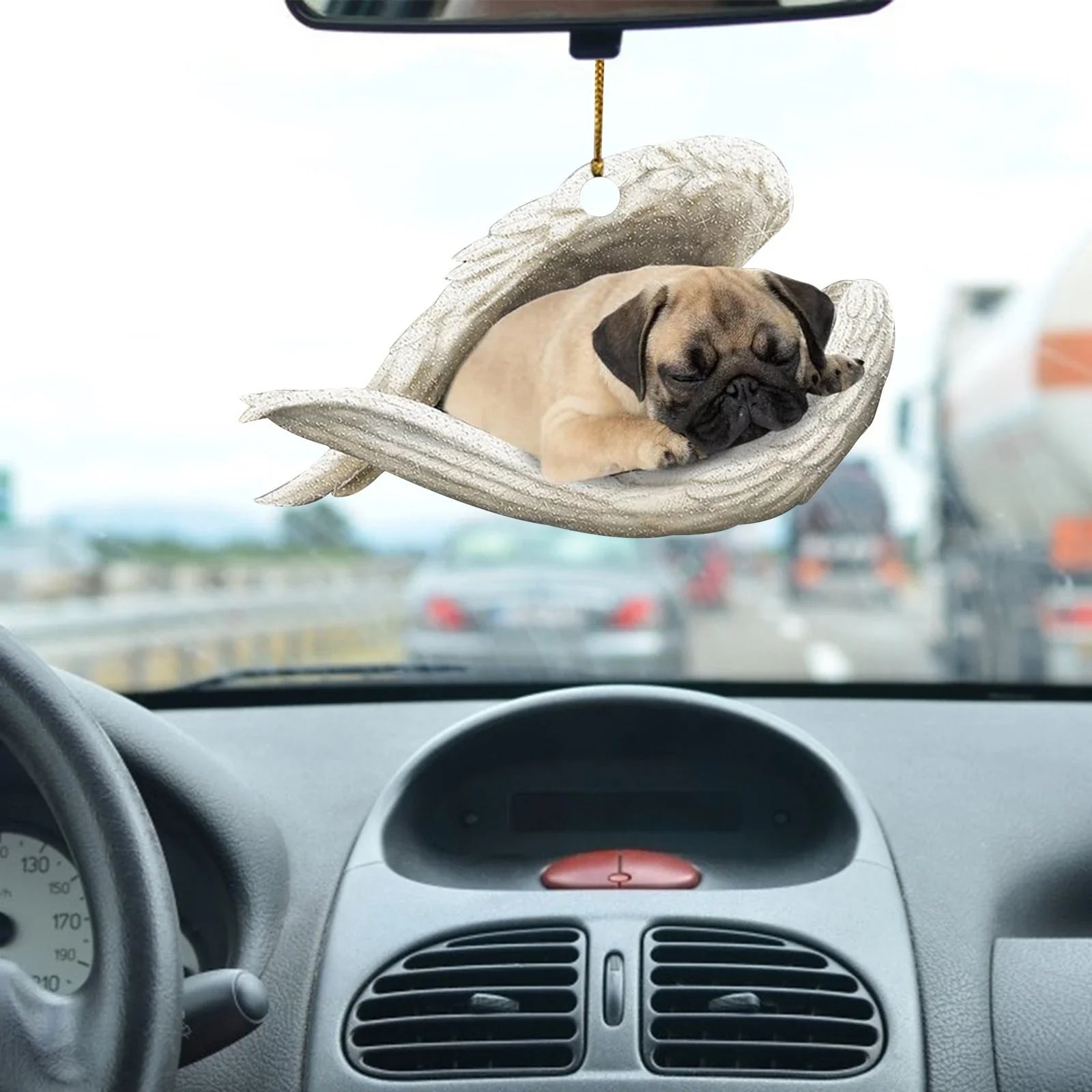 Charming sleeping dog angel acrylic car pendant decoration with a whimsical design