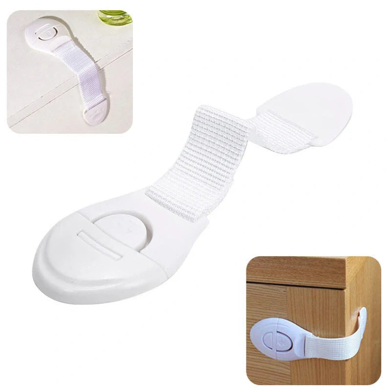 Multifunctional baby safety lock in white, securing cabinet doors and drawers