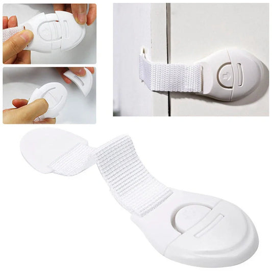 Multifunctional baby safety lock in white, securing cabinet doors and drawers