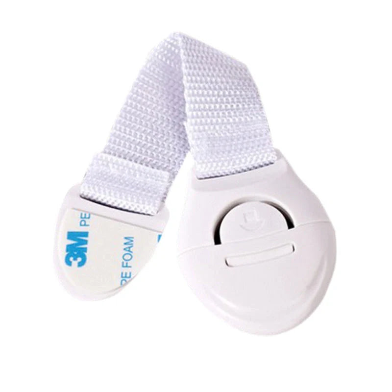 Multifunctional baby safety lock in white, securing cabinet doors and drawers