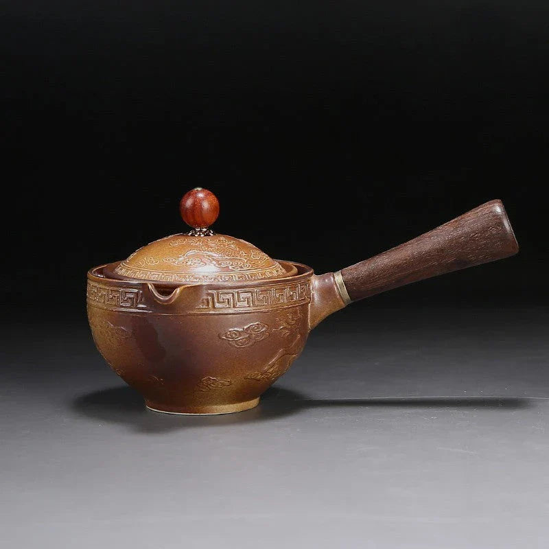 Handcrafted ceramic teapot with wooden handle, designed for brewing traditional Oolong tea with enhanced flavour and aroma