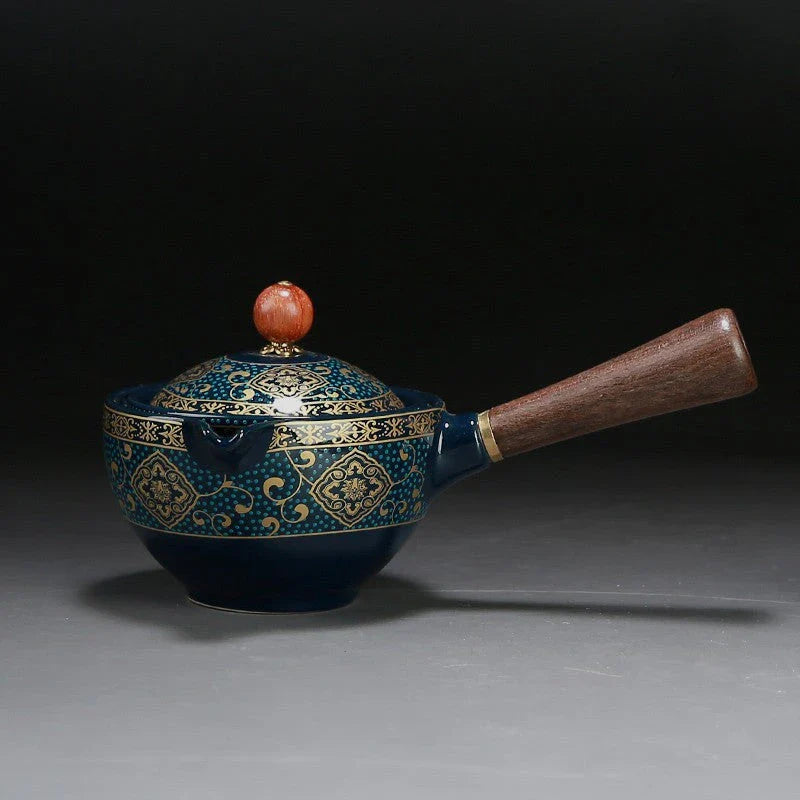 Handcrafted ceramic teapot with wooden handle, designed for brewing traditional Oolong tea with enhanced flavour and aroma