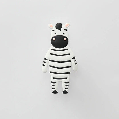 Assorted animal-shaped wall hooks in various colours, including bear, zebra, and cow designs, displayed on a white background