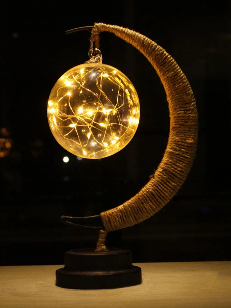 Moon Light LED Copper Wire Lamp with moon and star shapes, high transparent glass pendants, and flexible power options